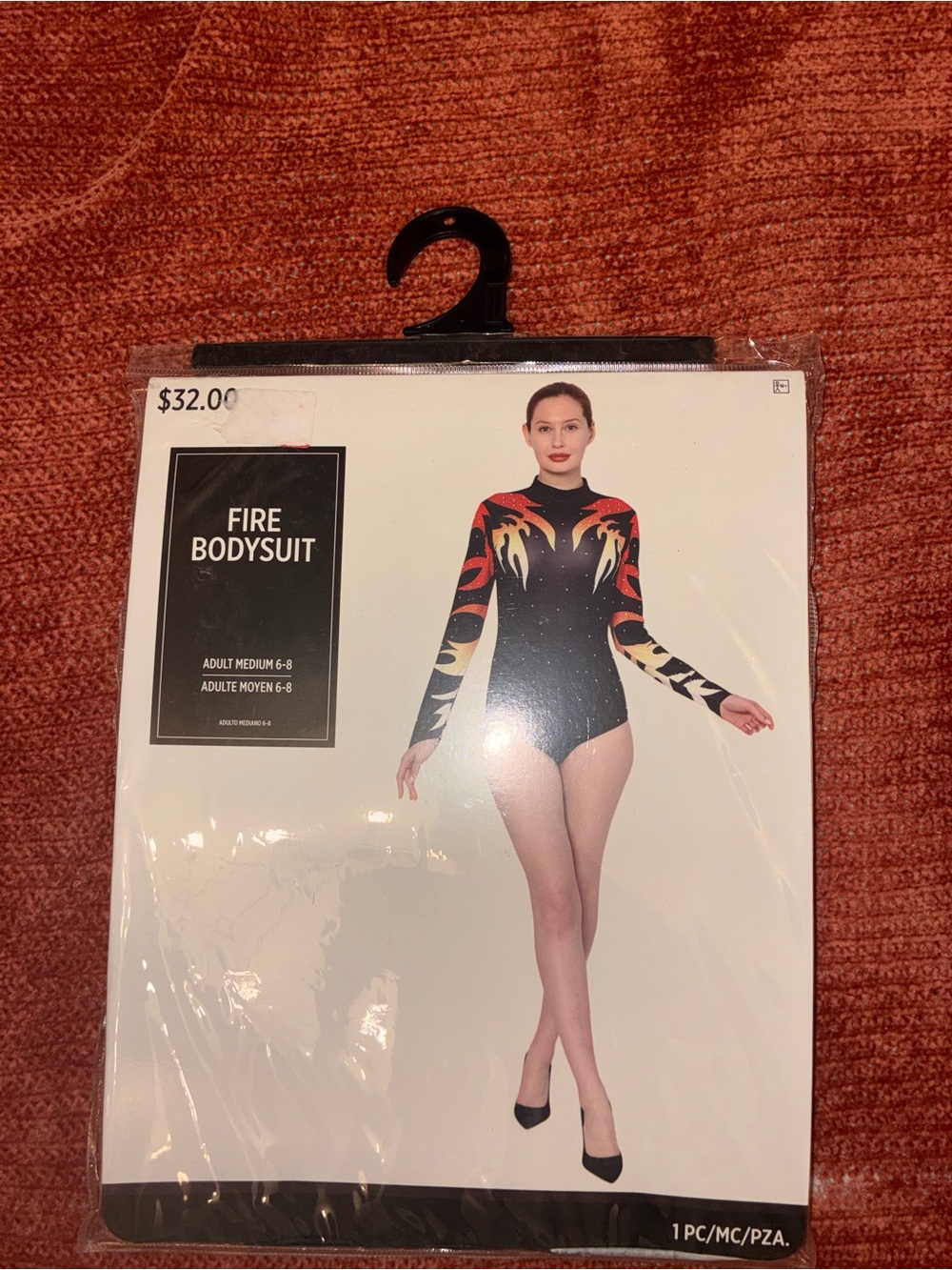 Fire Bodysuit - Women's Long Sleeve Leotard in Black with Flame Print costume